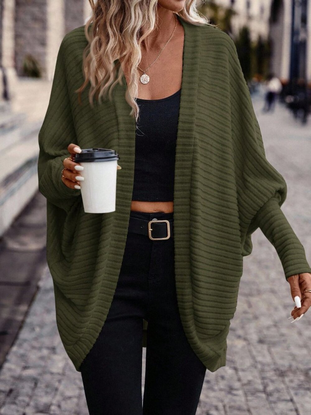Dark Green Casual Women's Bat Wing Open Front Long Sleeve Jacket